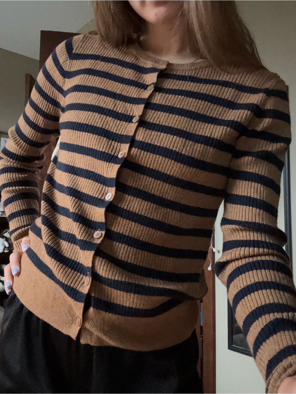 a new day Brown and Black Striped Ribbed Button Cardigan